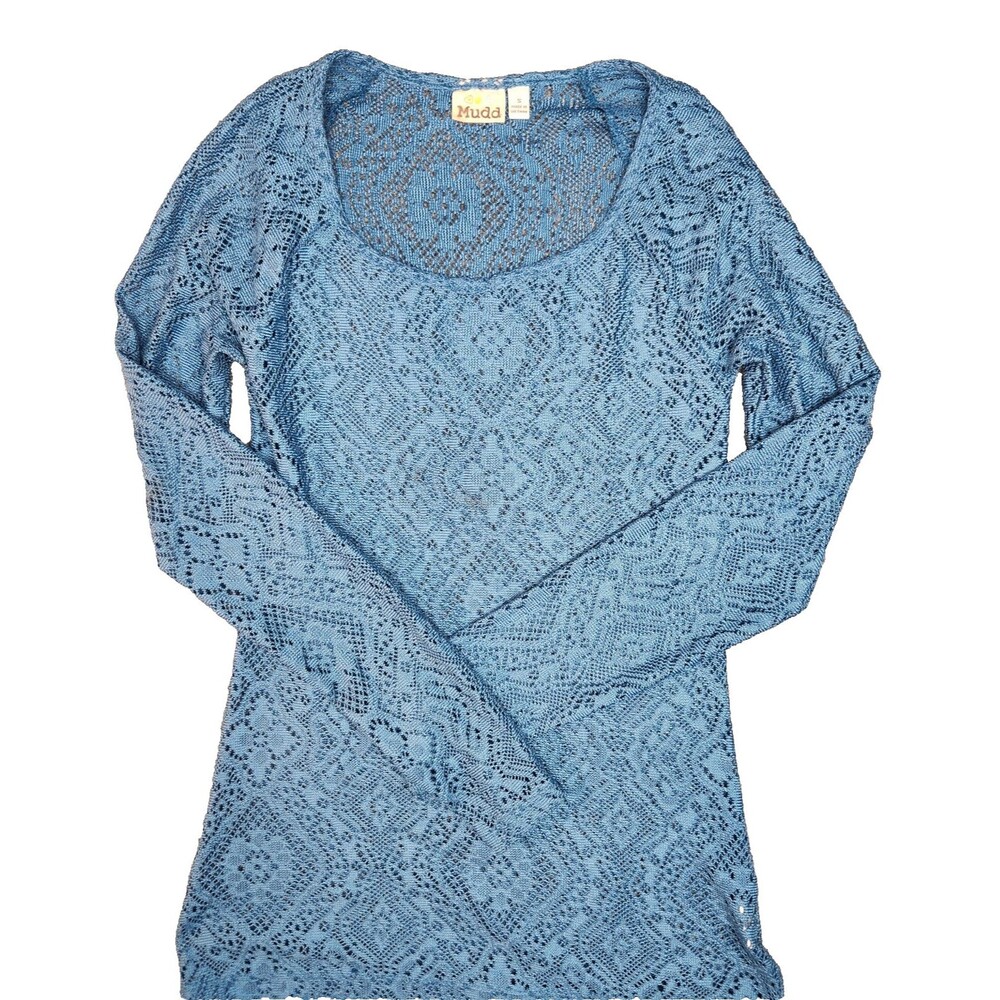 Mudd Women’s Small Y2K Sheer Lace Long Sleeve Blue Lacey Polyester Mesh Top